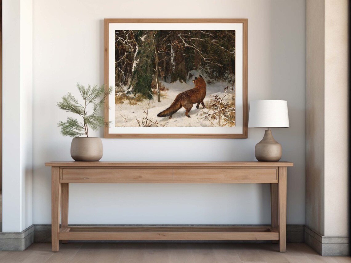 Red Fox Snowy Winter Forest Vintage Wildlife Woodland Painting Poster - Image 3