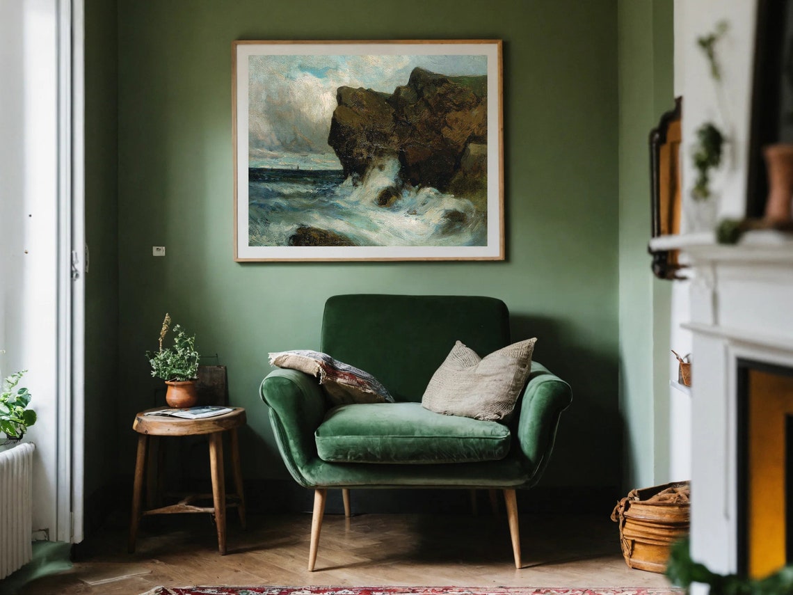 Crashing Waves Dark Cliff Rugged Coastline Seascape Art Poster - Image 2