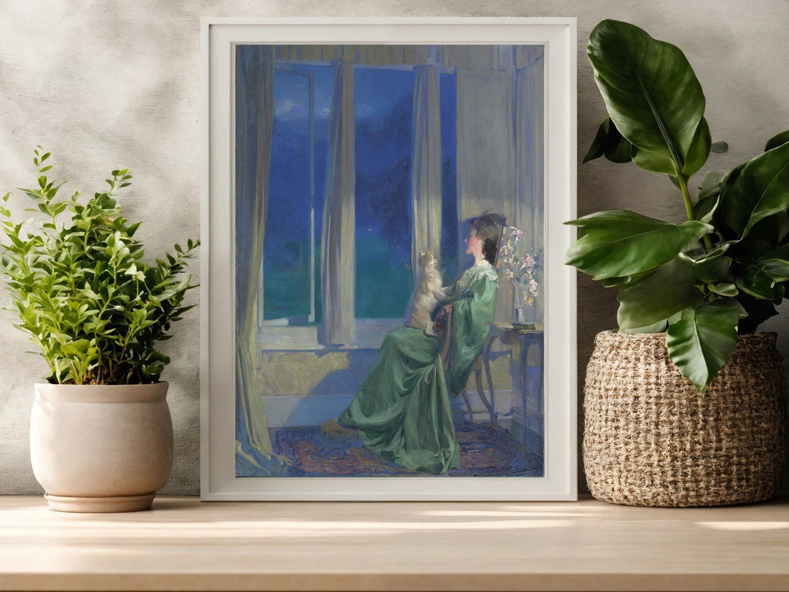 Classic Victorian Blue Evening Woman with Dog by Window Print - Image 3