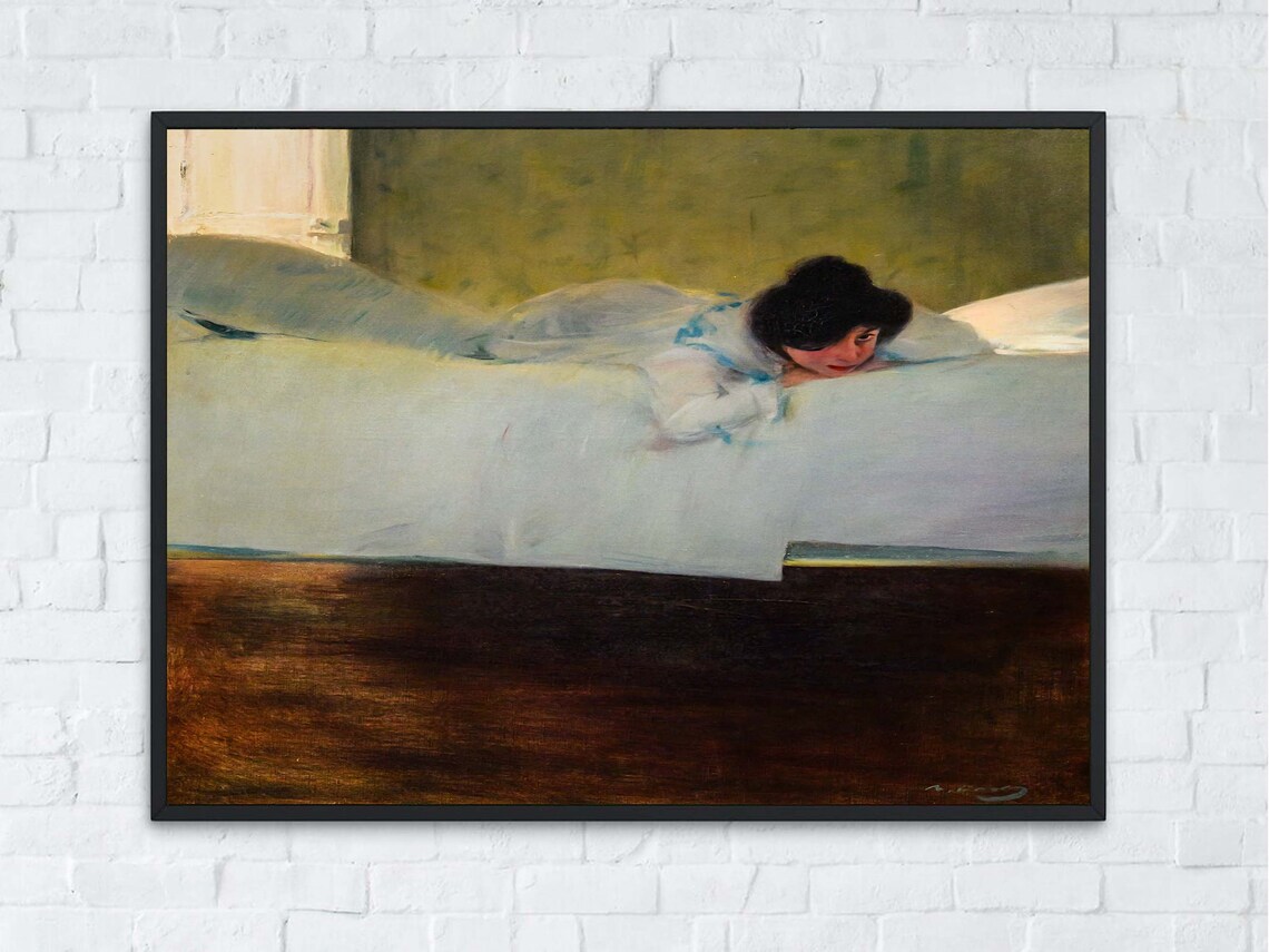 Ramon Casas Laziness Painting Lounging Woman on White Bed Print - Image 8
