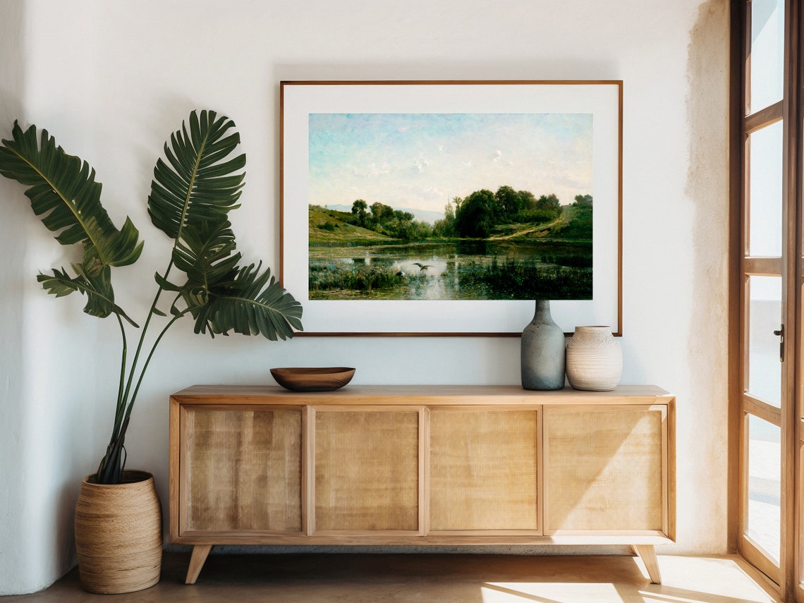 Muted Green Pond Landscape Vintage Countryside Bird Painting Poster - Image 5