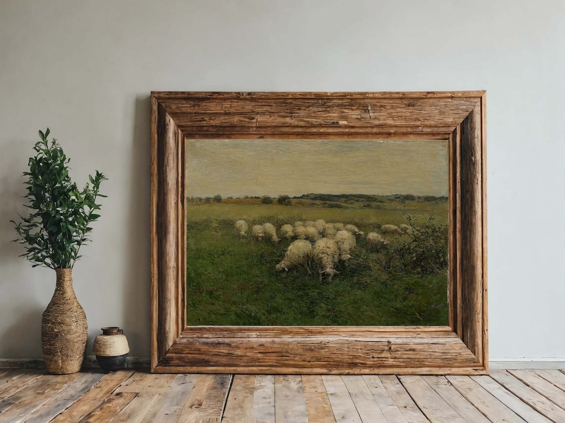 Sheep Flock Grazing Meadow Vintage Countryside Animal Painting Poster