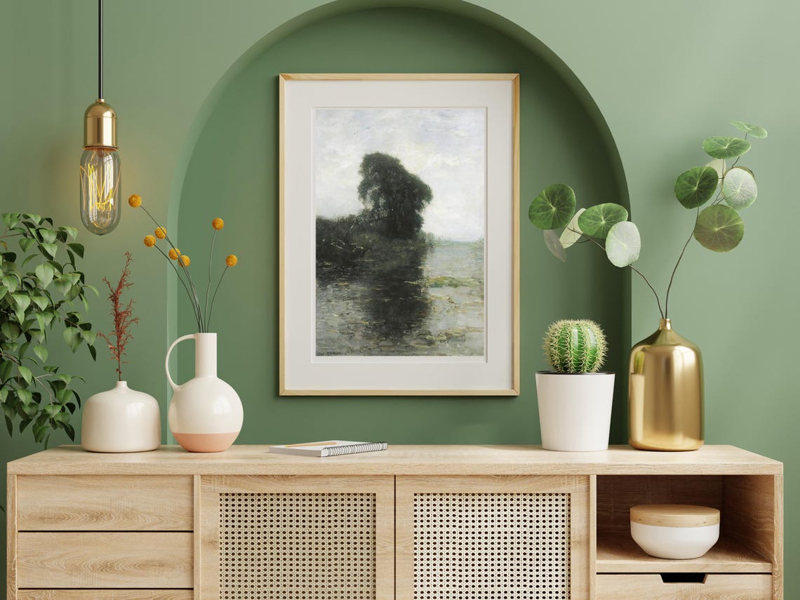 Solitary Tree Still Water Moody Tonalist Landscape Art Poster - Image 2