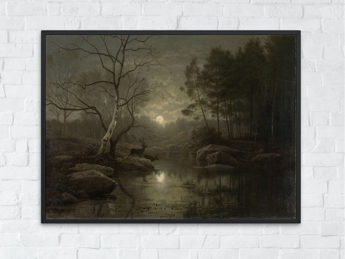 Moonlit Forest Pond Dark Nocturne Deer at Night Vintage Poster - Image 2