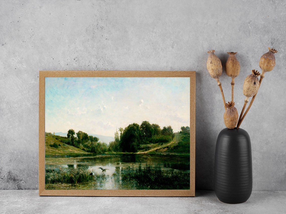 Muted Green Pond Landscape Vintage Countryside Bird Painting Poster - Image 7