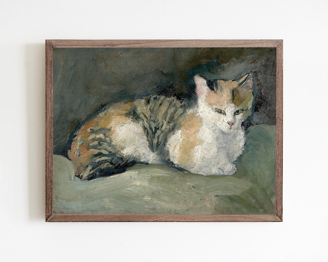Vintage Cat Painting Boho Eclectic Wall Art Vintage Cat Portrait Art Print Cat Wall Decor Moody Feline Art
