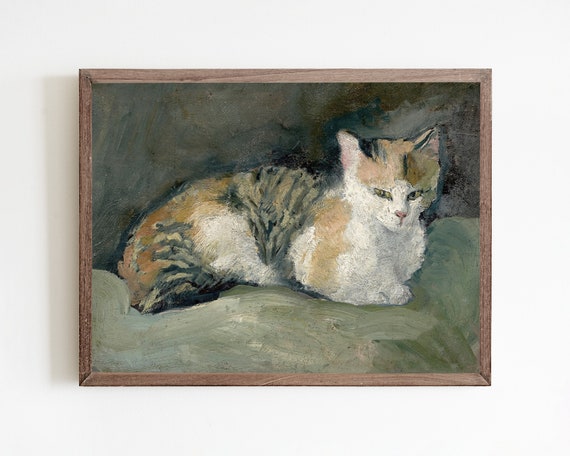 Vintage Cat Painting Boho Eclectic Wall Art Vintage Cat Portrait Art Print Cat Wall Decor Moody Feline Art