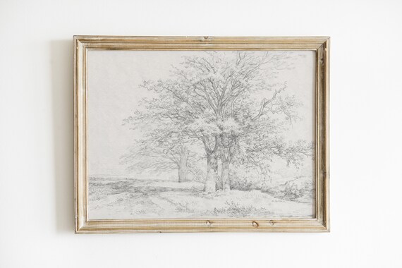 Vintage Tree Drawing Landscape Art Print, Nature Sketch