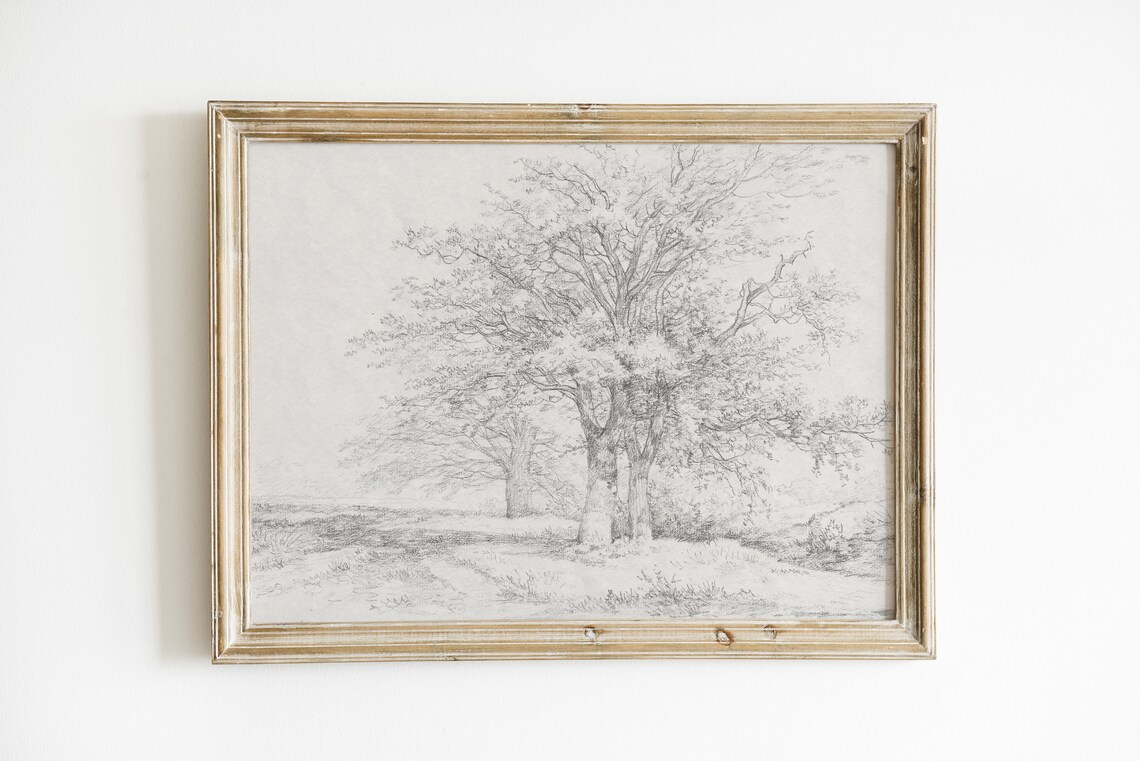 Vintage Tree Drawing Landscape Art Print, Nature Sketch