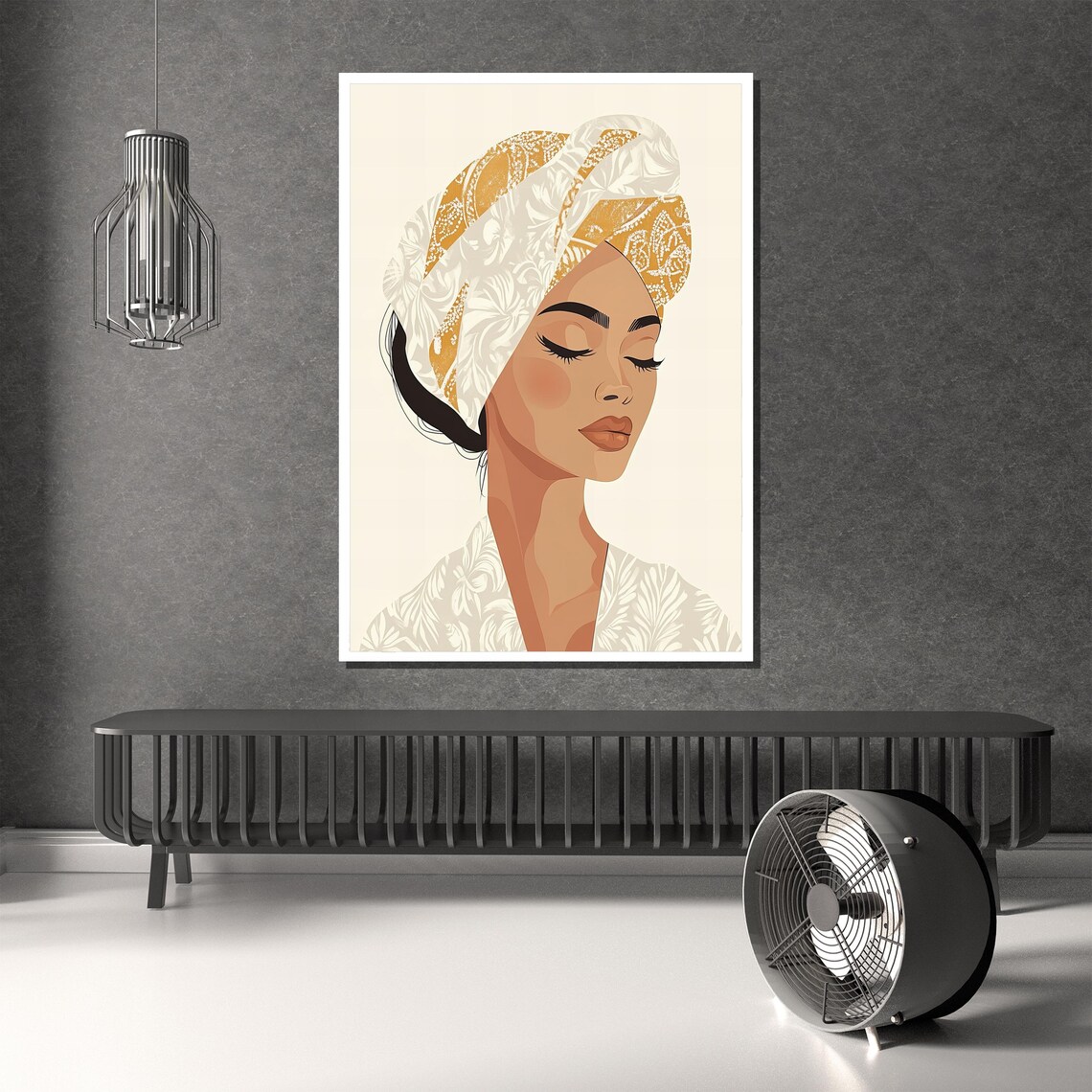 Minimalist Woman Profile in Gold Patterned Turban Serene Art Poster - Image 2