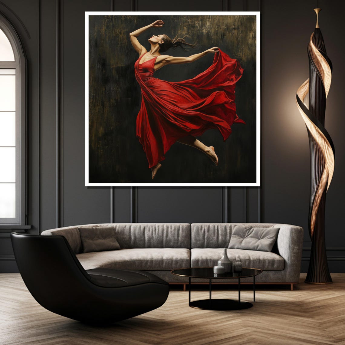 Dancer in Flowing Red Dress Leaping Across Dark Canvas Poster - Image 2