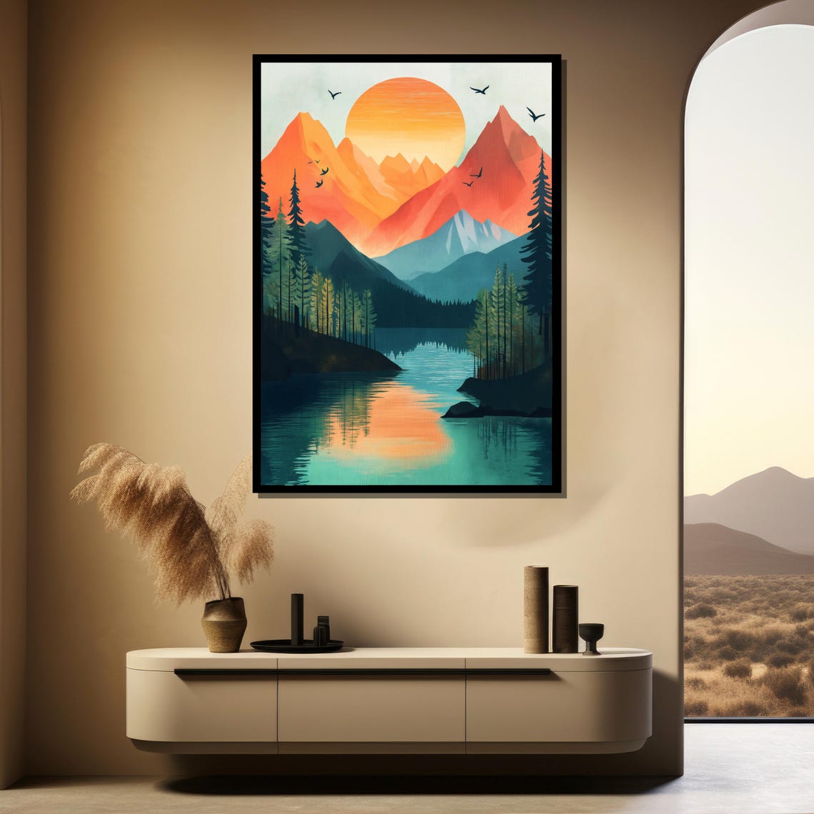 Geometric Mountain Sunset Lake Reflection Adventure Art Poster - Image 4