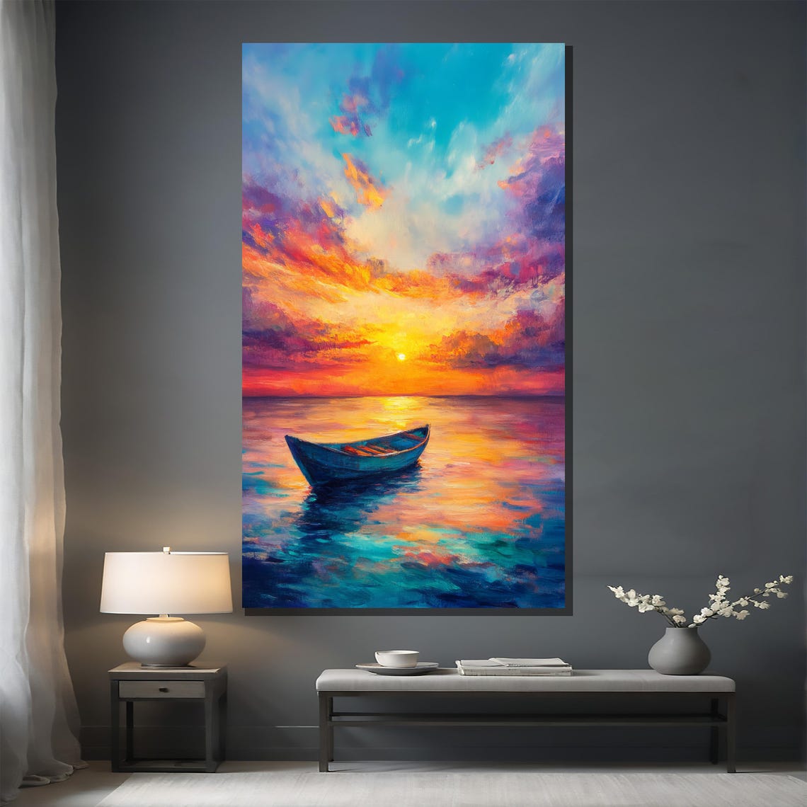 Colorful Vibrant Sunset Rowboat on Calm Ocean Seascape Poster - Image 2