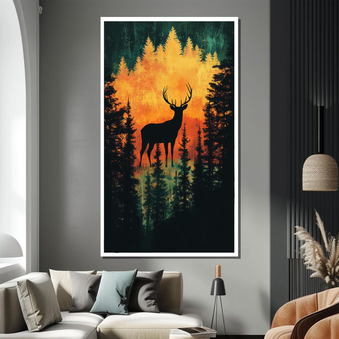 Deer Silhouette In Sunset Pine Forest Fiery Wildlife Art Poster - Image 2