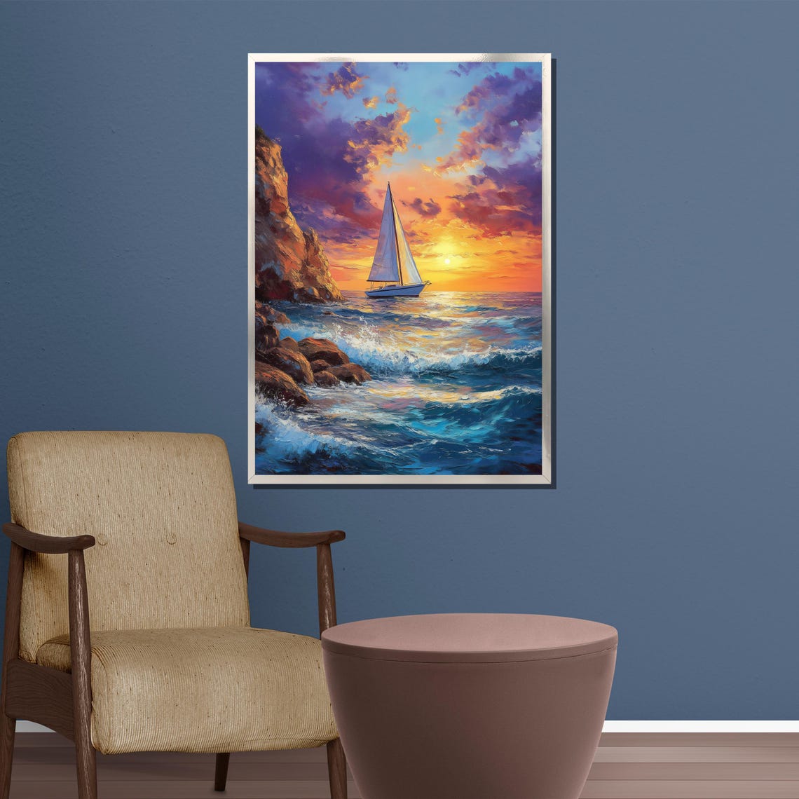 Sailboat Sunset Wall Art Large Framed Coastal Ocean Waves And Cliffs Painting Nautical Home Decor Gift For Sea Lovers - Image 3