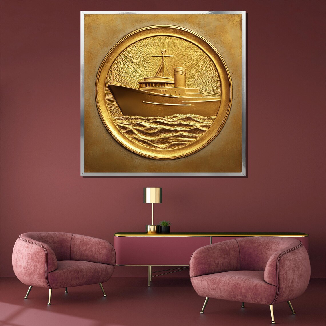 Golden Nautical Wall Art Embossed Ship Luxury Maritime Decor Large Framed Artwork Coastal Gift Idea Elegant Home Accent - Image 3