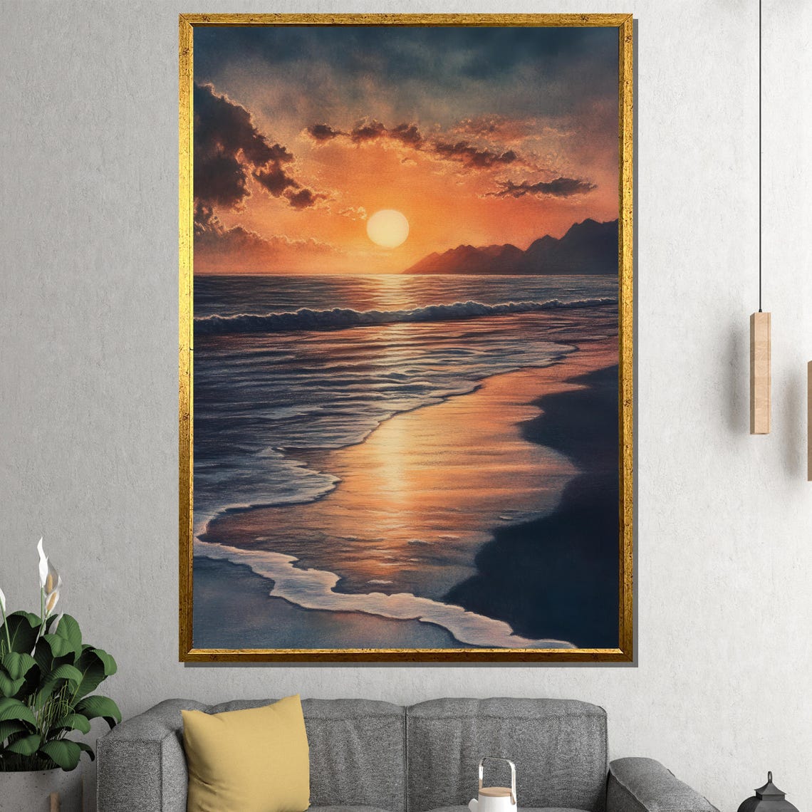 Sunset Beach Waves With Golden Orange Sky Tranquil Ocean Poster