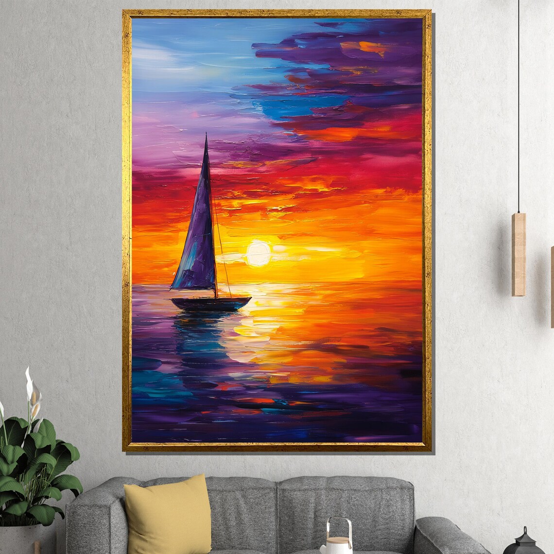 Vibrant Sailboat At Fiery Sunset Impasto Seascape Art Poster