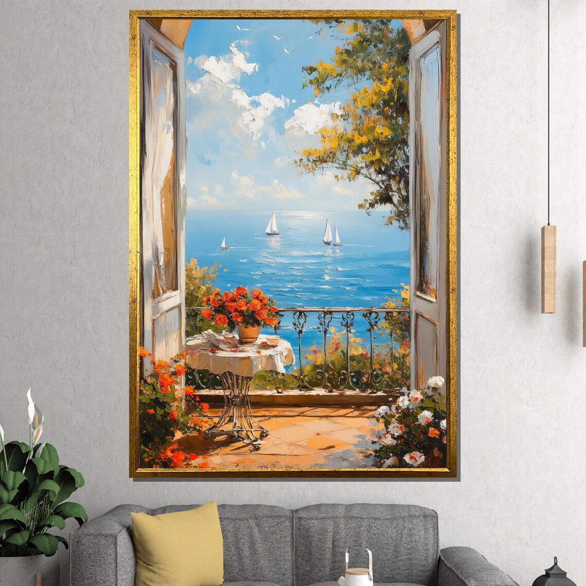 Coastal Balcony Terrace Overlooking Sailboats On Blue Sea Poster