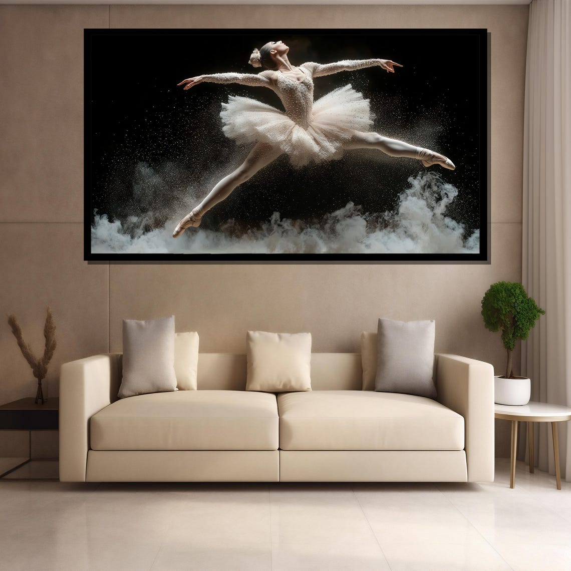 White Tutu Ballerina Leaping Over Glittering Clouds in Dark Art Poster - Image 4