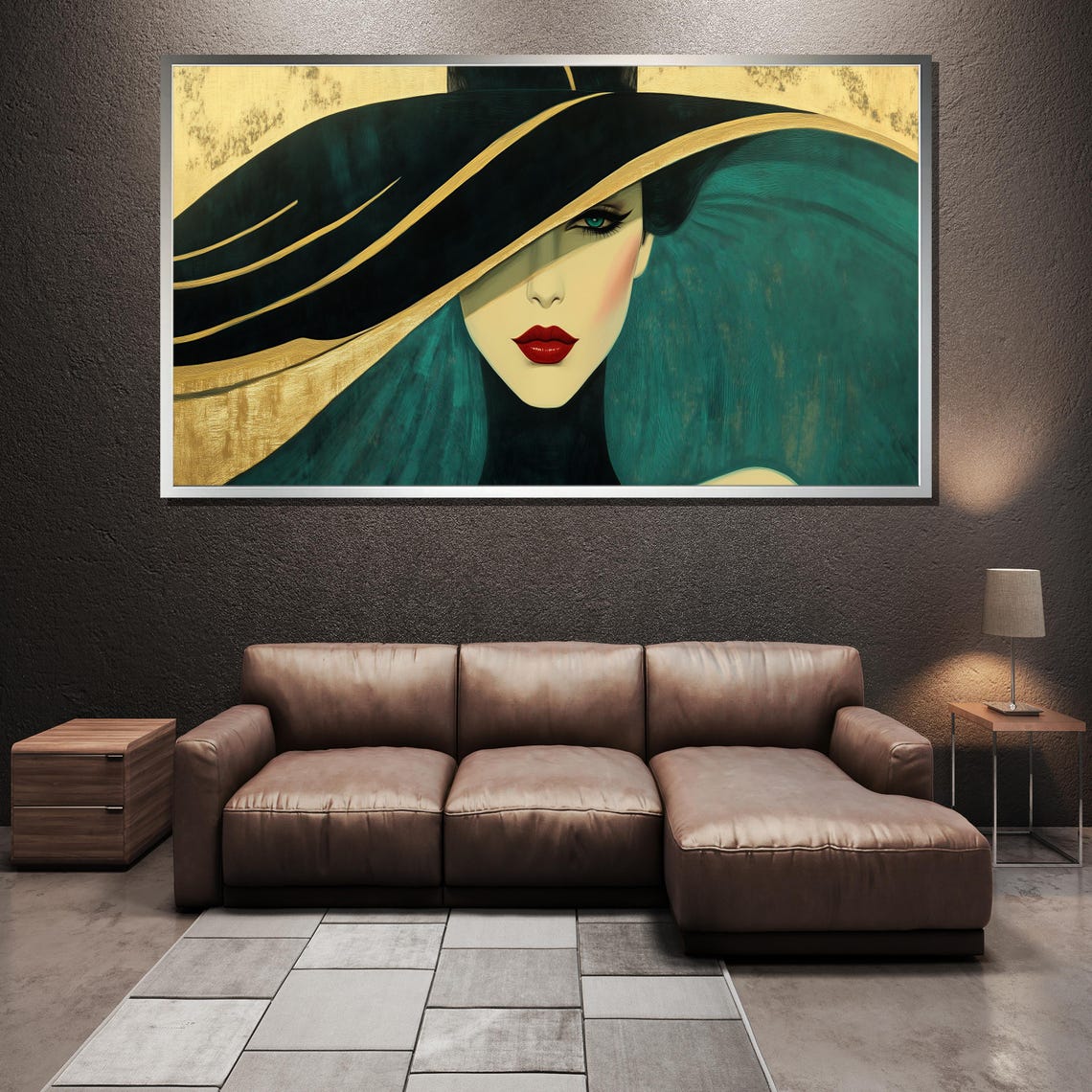 Art Deco Woman With Teal Hat Red Lips On Golden Backdrop Poster - Image 4