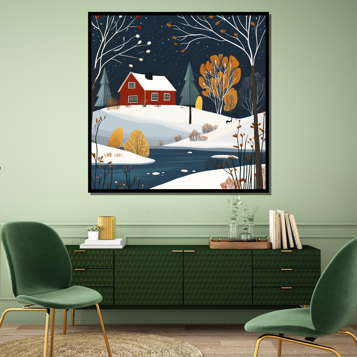 Red Barn Snowy Night Starlit Winter Landscape Scene Art Poster - Image 4