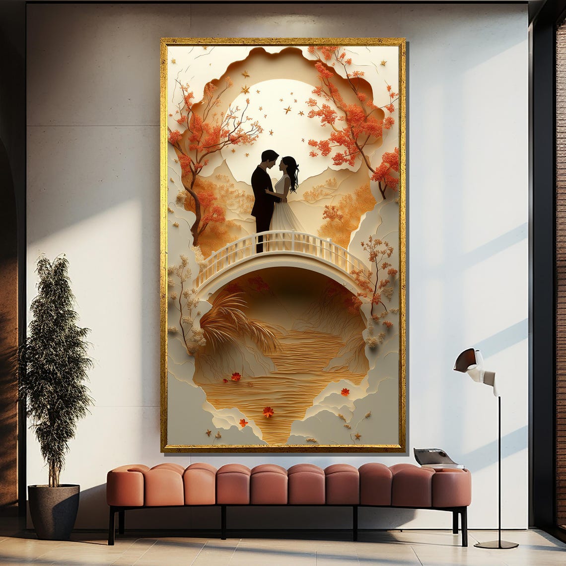 Autumn Bridge Couple Paper Cut Style Layered Leaves Art Poster