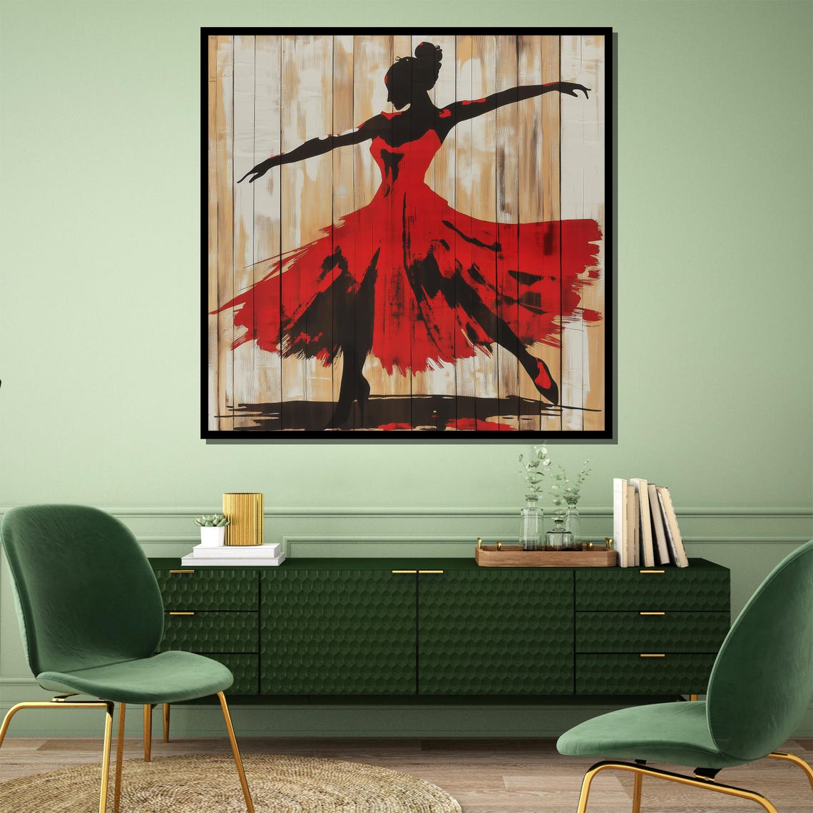Flamenco Dancer Silhouette in Red on Rustic Wood Planks Poster - Image 4