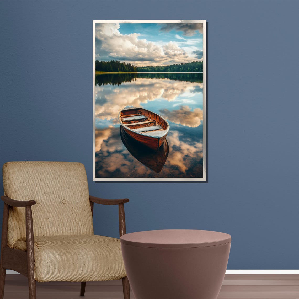 Tranquil Lake Reflection Wooden Rowboat Peaceful Nature Poster - Image 3