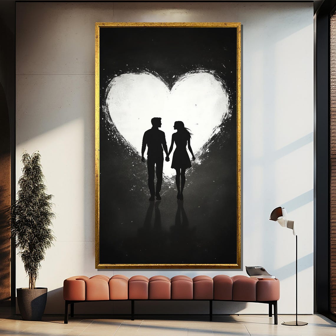Minimalist Silhouette Couple Walking Before Giant Heart Poster