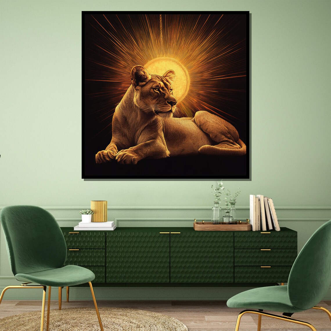Reclining Lioness Before Radiant Sunburst Halo Golden Poster - Image 4