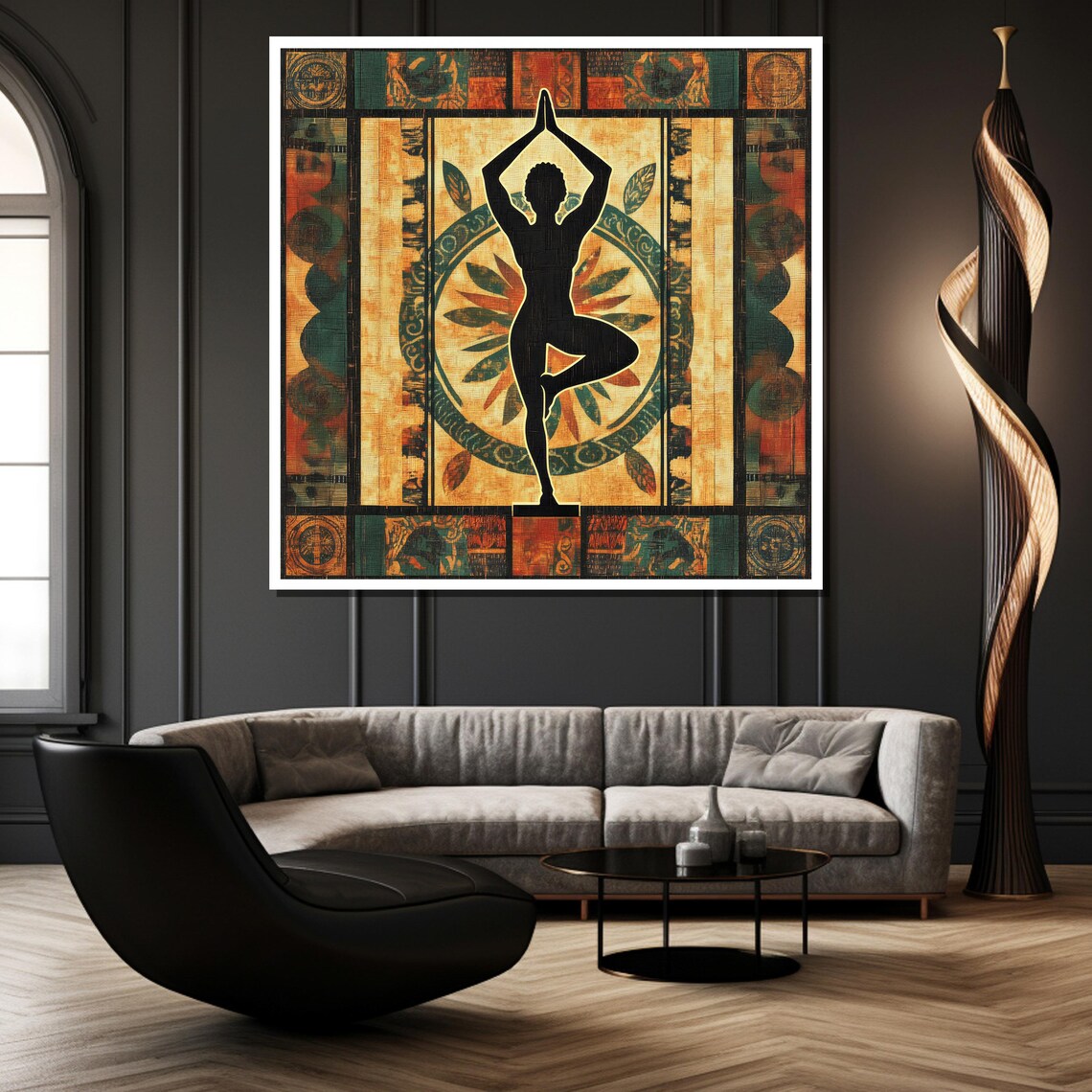 Tree Pose Yoga Silhouette on Warm Ethnic Batik Style Art Poster - Image 2