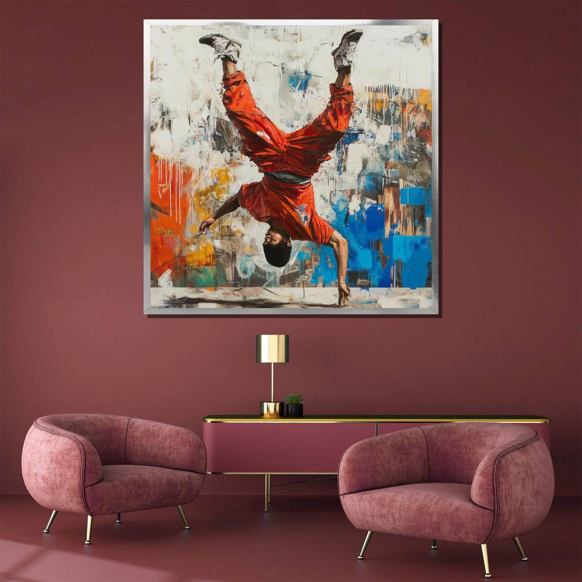 Breakdancer in Red Streetwear Freeze Pose Urban Graffiti Art Poster - Image 3