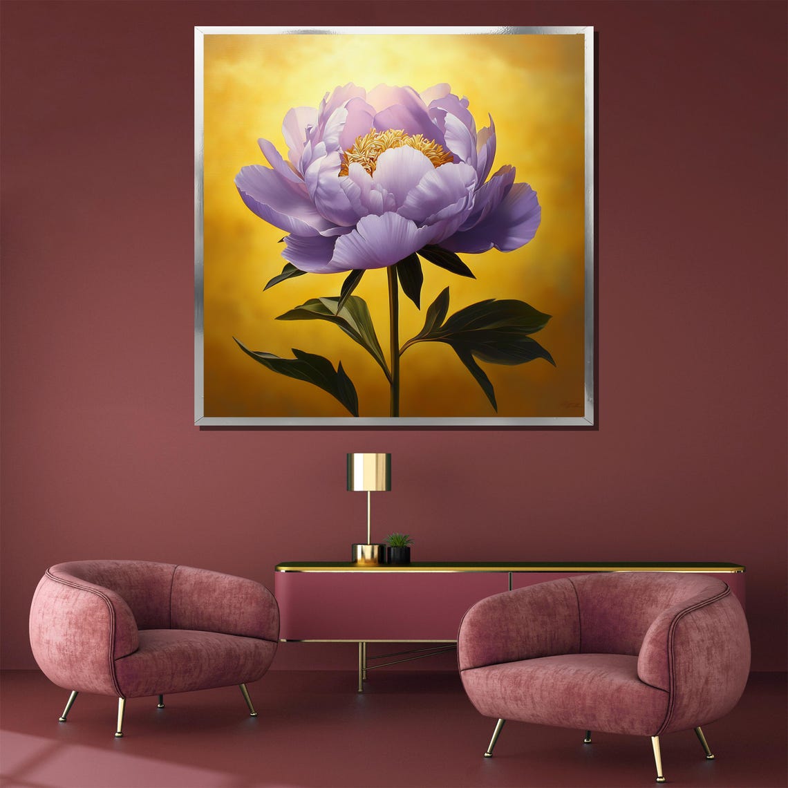 Lavender Purple Peony Bloom On Glowing Golden Luxury Art Poster - Image 3