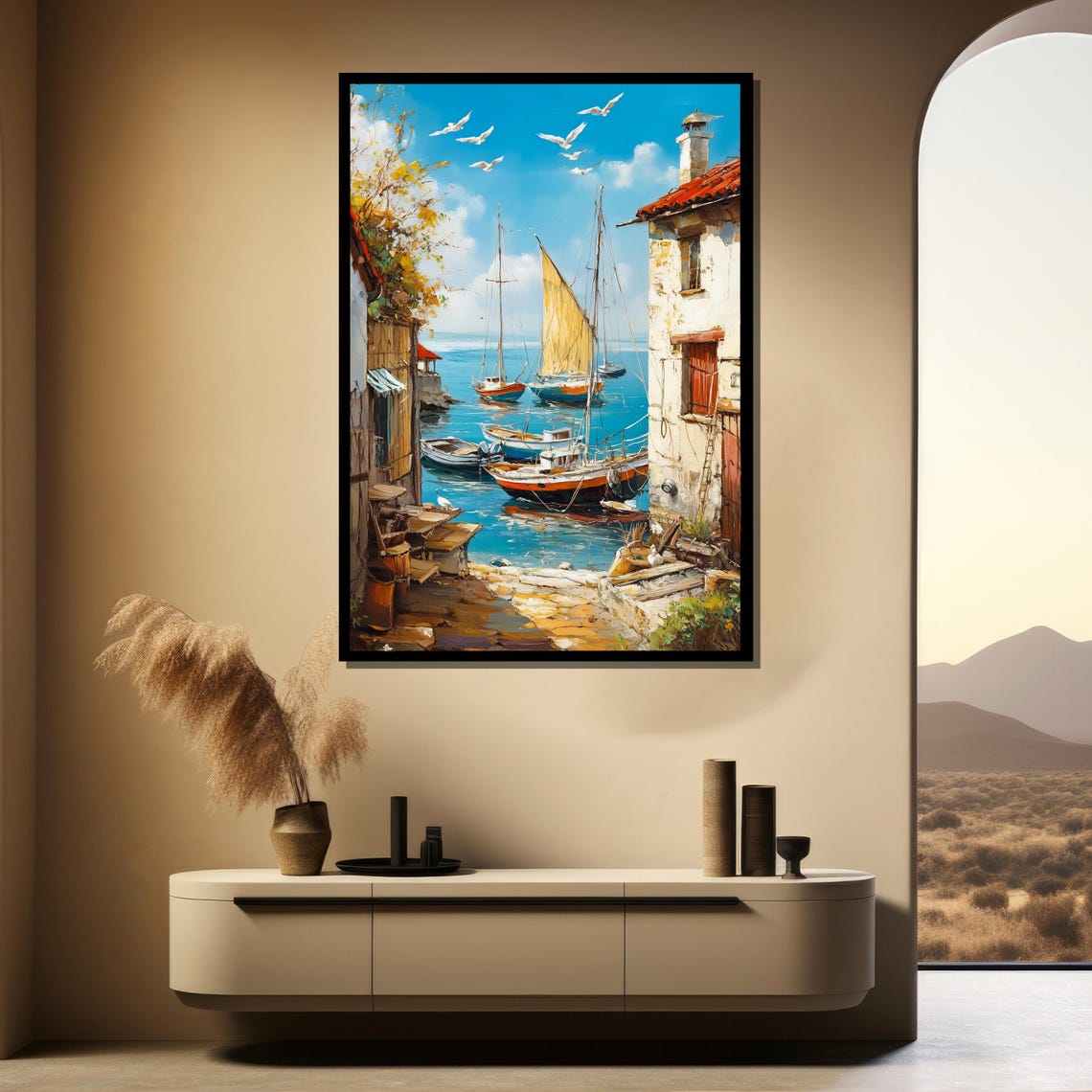 Mediterranean Fishing Harbor Boats Seagulls Coastal Art Poster - Image 4