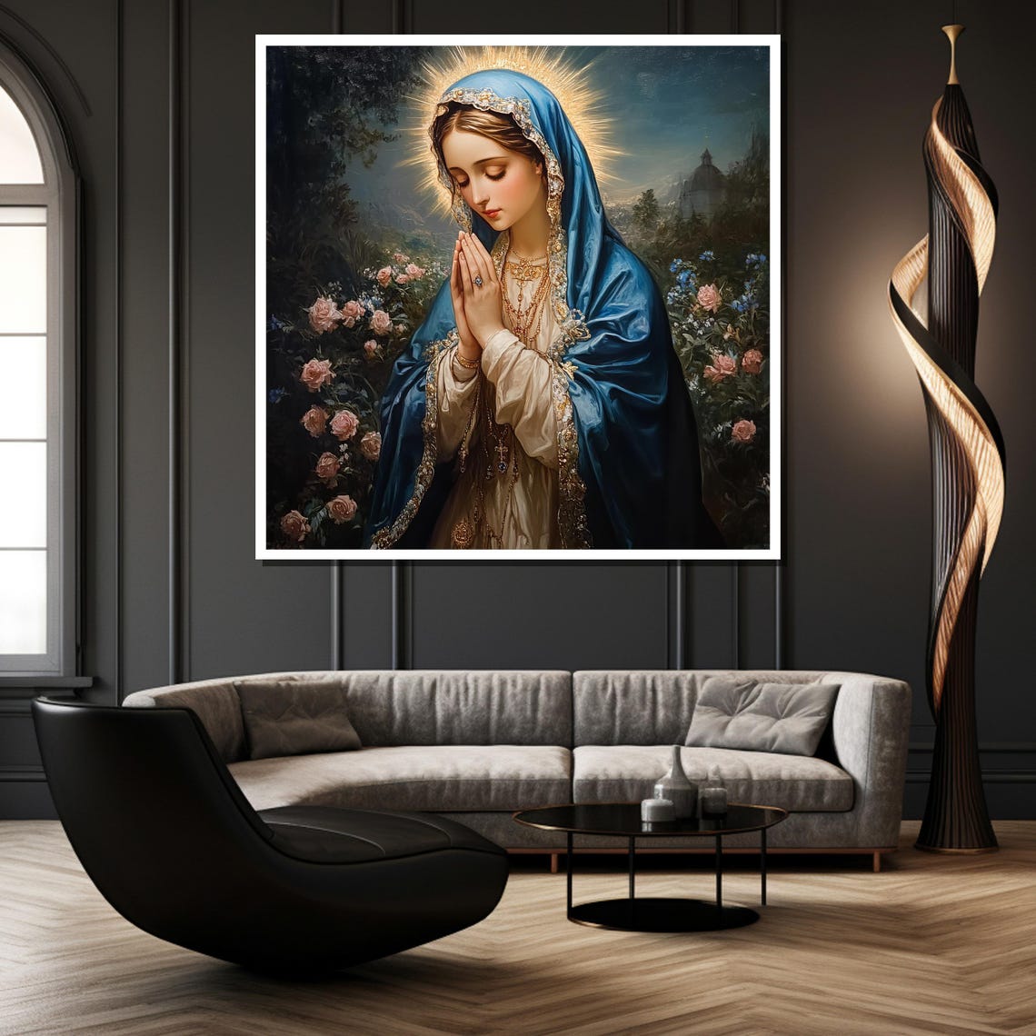 Praying Virgin Mary Blue Veil Rose Garden Night Religious Poster - Image 4