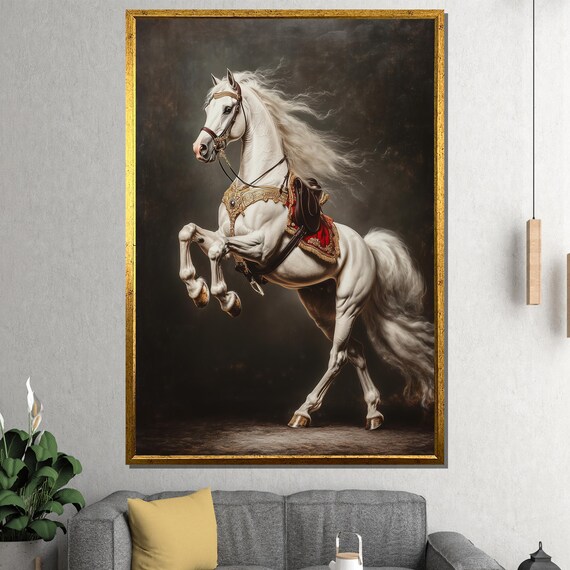 White Stallion Painting Gift Majestic Horse Wall Art With Regal Details Unique Equine Artwork For Luxury Home Decor