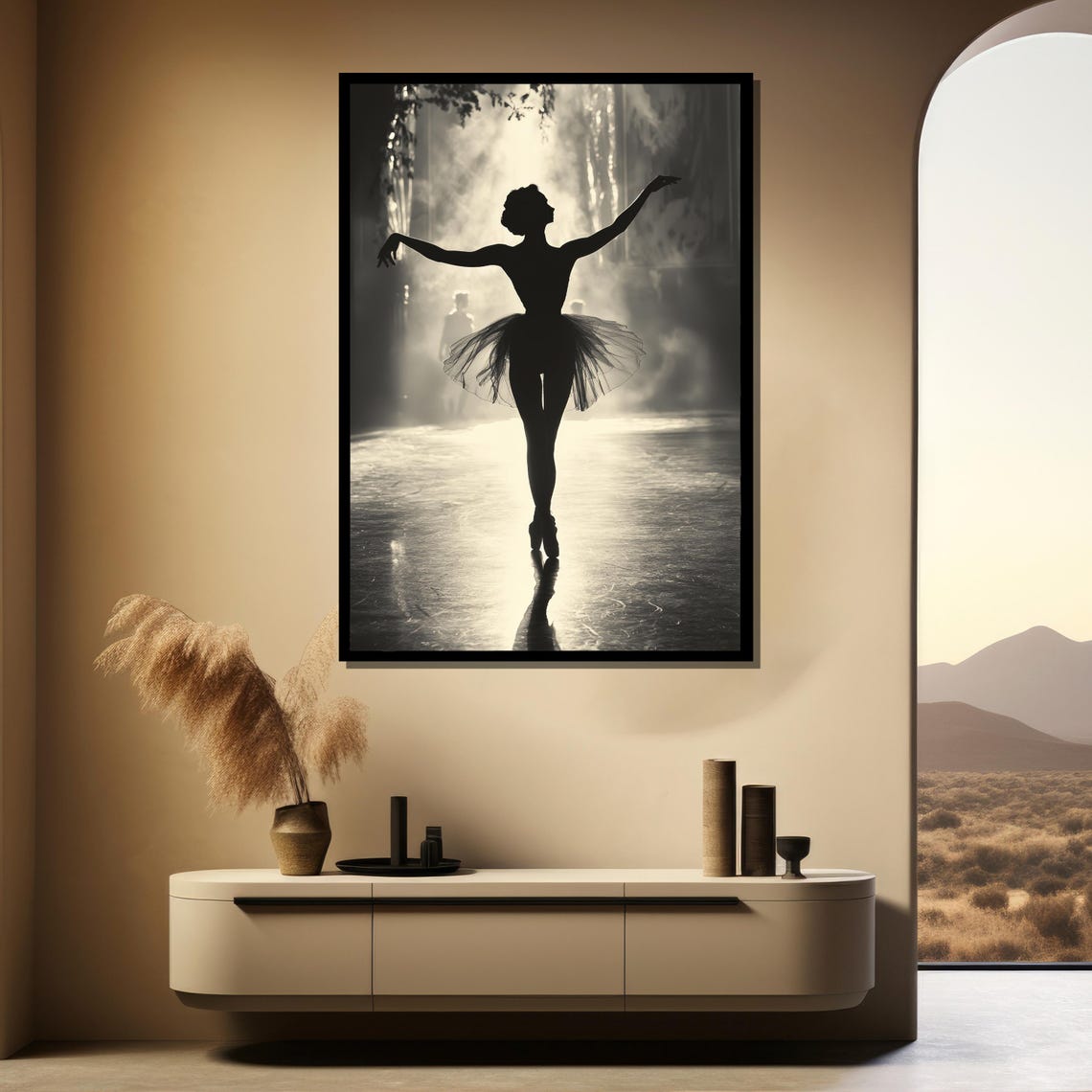 Black and White Ballerina Silhouette En Pointe on Stage Poster - Image 4