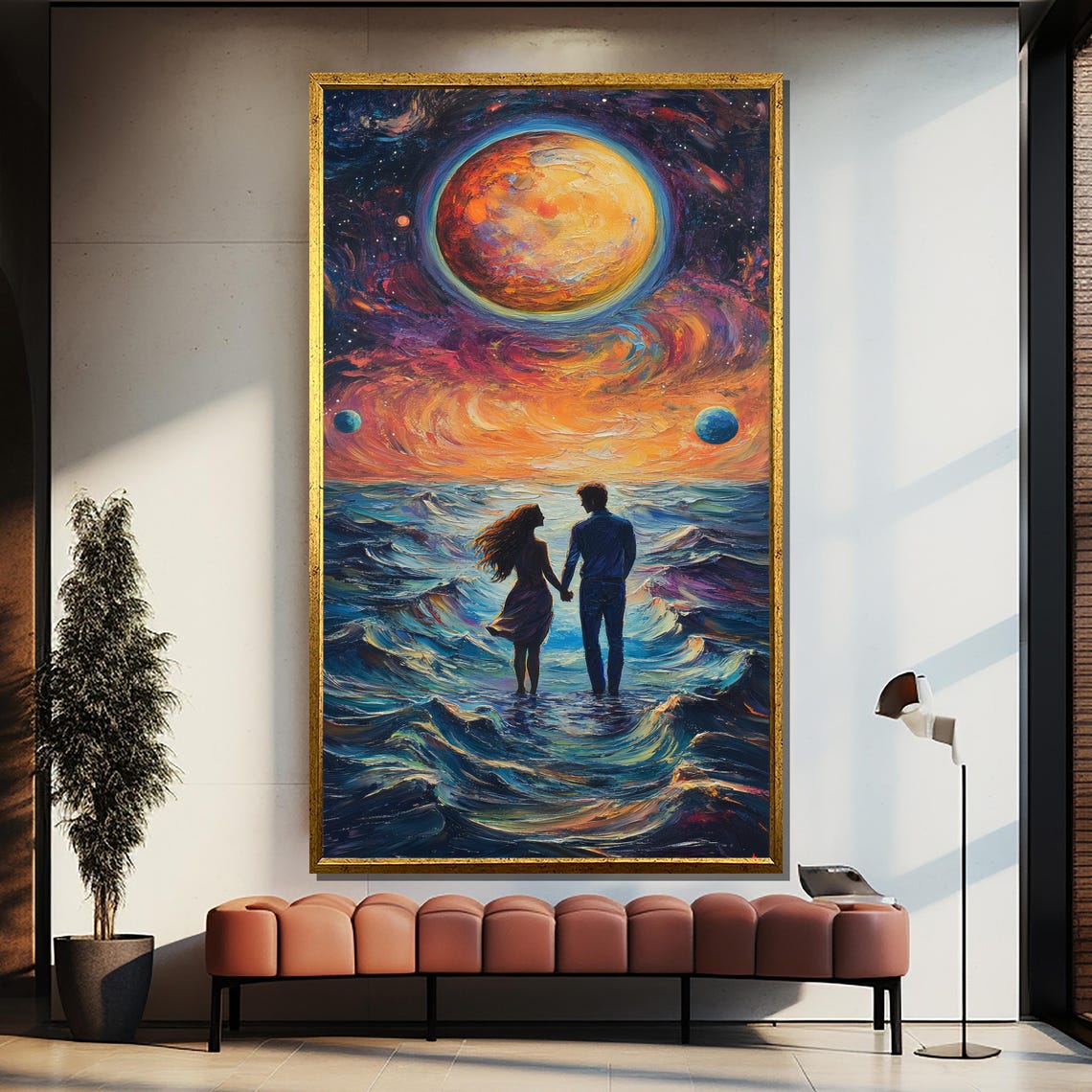 Cosmic Ocean Lovers Under Planetary Sky Vibrant Fantasy Poster