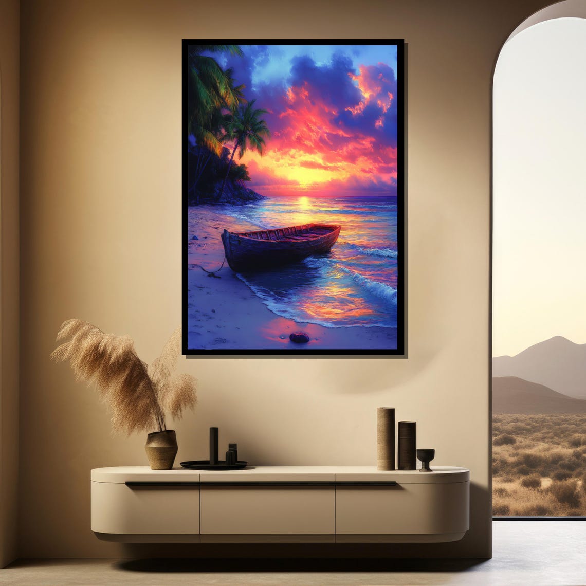 Stunning Wooden Boat Tropical Sunset Vivid Purple Sky Poster - Image 4
