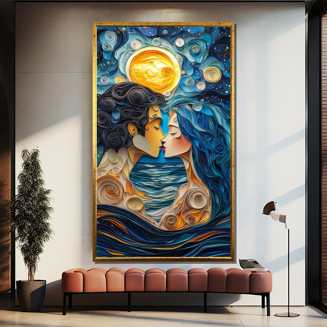 Starry Night Ocean Kiss Swirling Paper Quilling Style Art Poster