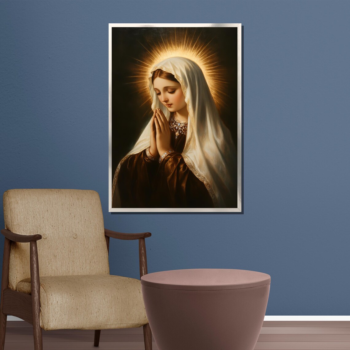 Praying Virgin Mary White Veil Golden Halo Religious Art Poster - Image 5