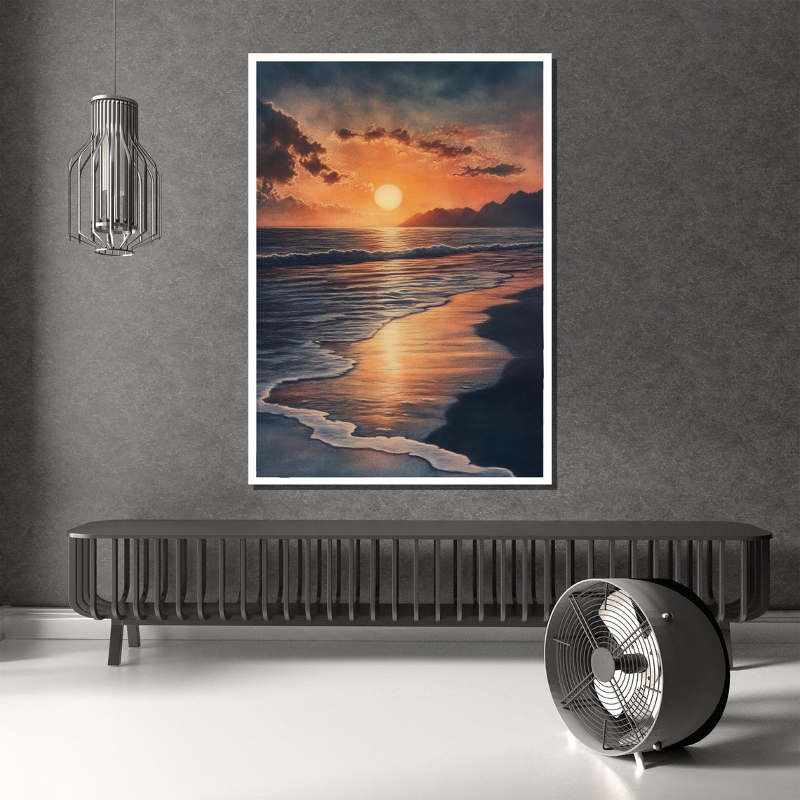 Sunset Beach Waves With Golden Orange Sky Tranquil Ocean Poster - Image 2