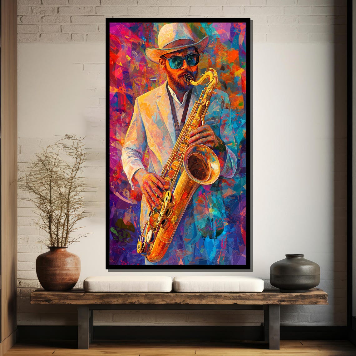 Colorful Jazz Saxophonist in White Hat and Sunglasses Poster - Image 4