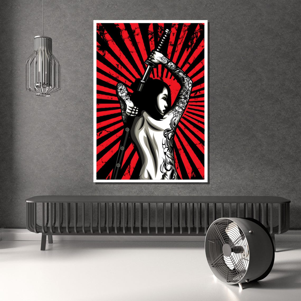 Tattooed Samurai Woman Raising A Katana Before Red Sunburst Poster - Image 2