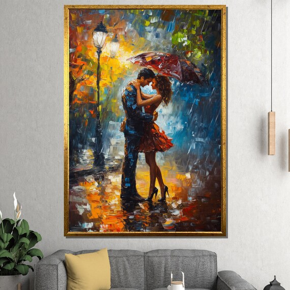 Romantic Couple Under Umbrella Rainy Street Painting Art Poster