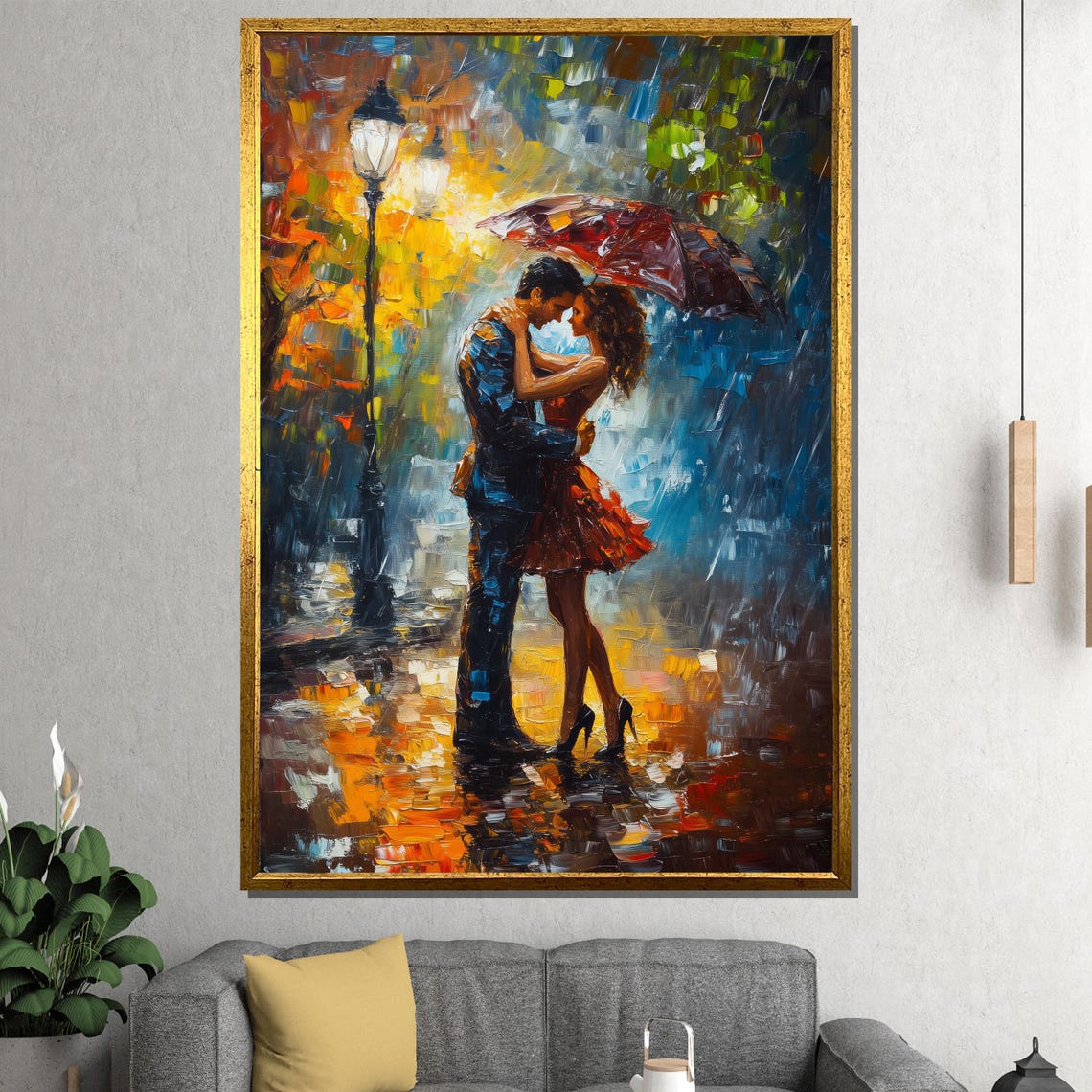 Romantic Couple Under Umbrella Rainy Street Painting Art Poster