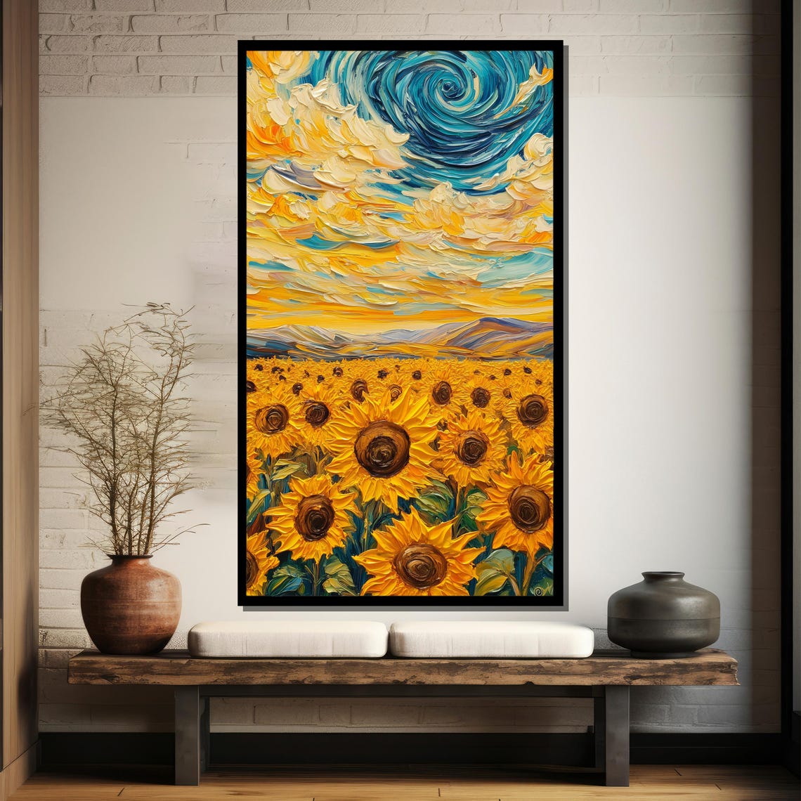 Sunflower Field Under Swirling Starry Sky Impasto Floral Wall Poster - Image 5