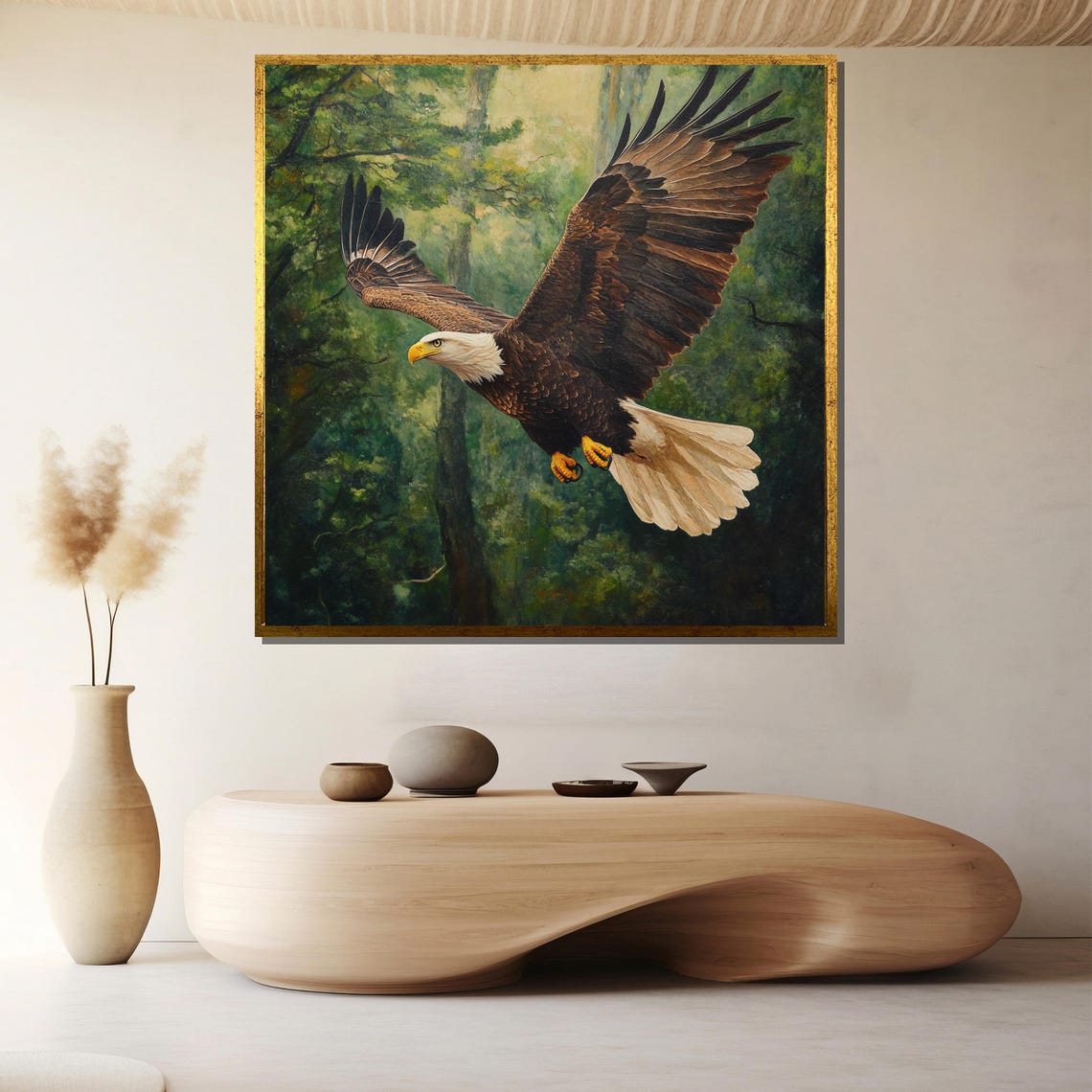 Majestic Bald Eagle Soaring Over Green Forest Wildlife Poster