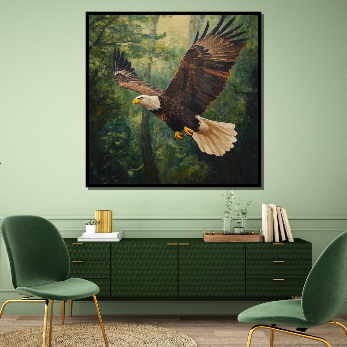 Majestic Bald Eagle Soaring Over Green Forest Wildlife Poster - Image 4